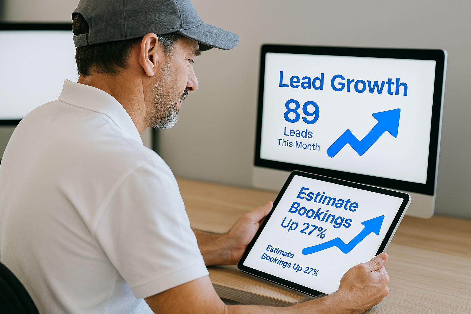 A man is sitting at a desk using a tablet and a computer.