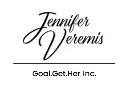 A black and white logo for jennifer veromis goal get her inc.