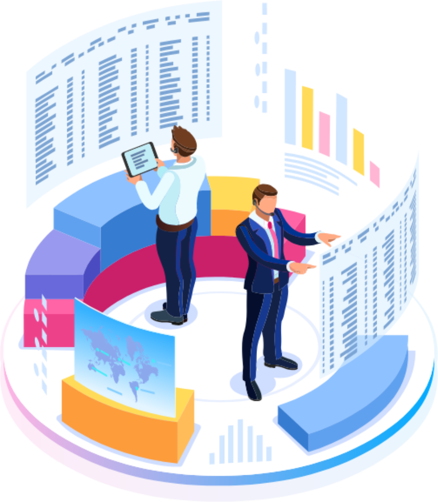 Two men are standing next to each other looking at charts and graphs.