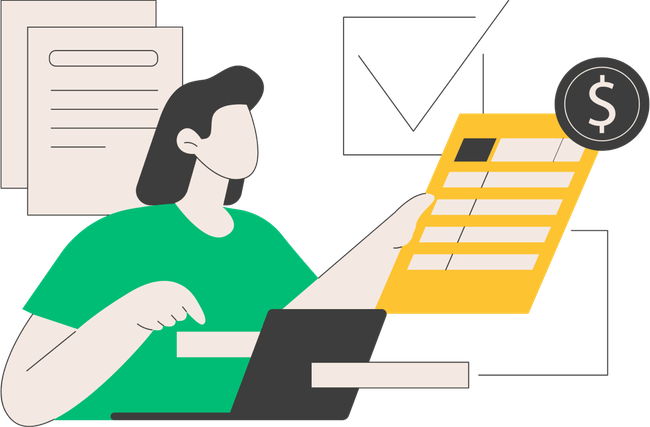 A woman is sitting at a desk with a laptop and a dollar sign.