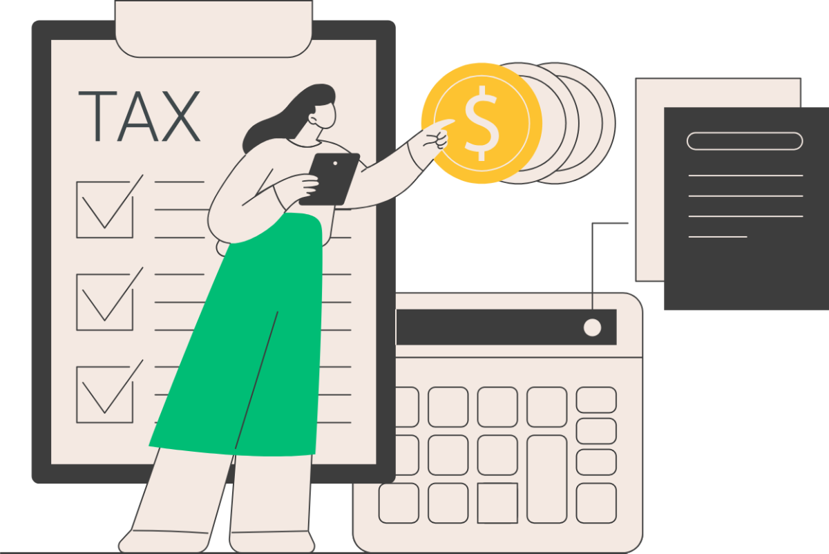 A woman is holding a coin in front of a clipboard and a calculator.