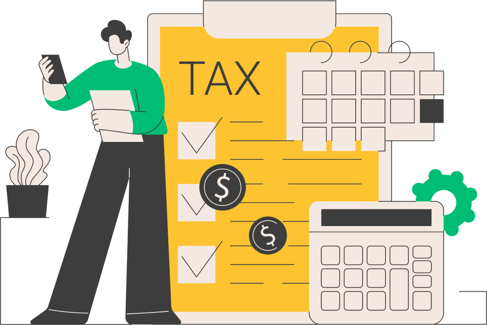 A man is standing next to a clipboard with the word tax on it.