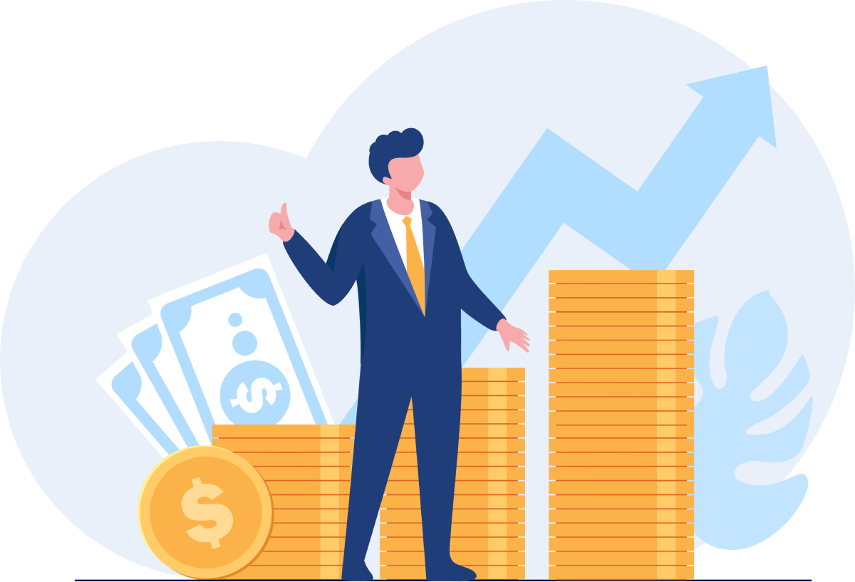 A man in a suit is standing next to a stack of money.