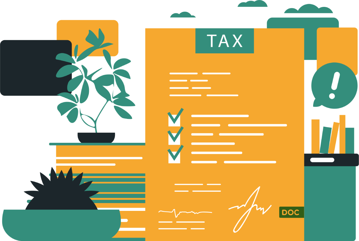 An illustration of a tax form with a plant in the background.