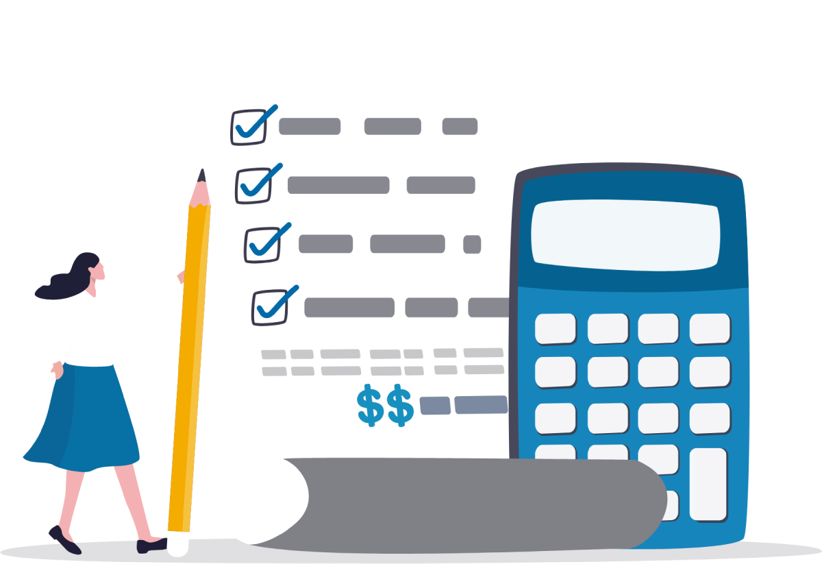 A woman is holding a pencil next to a calculator and a checklist.