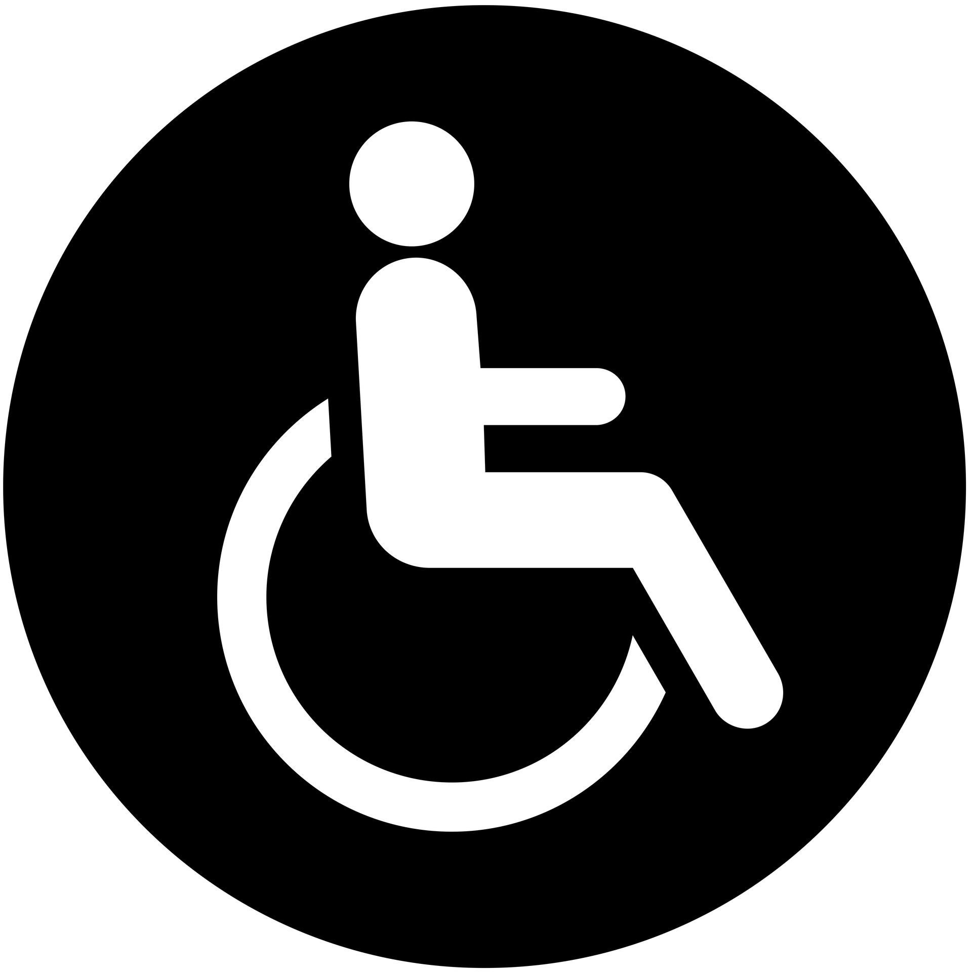 White wheelchair symbol inside a circle.