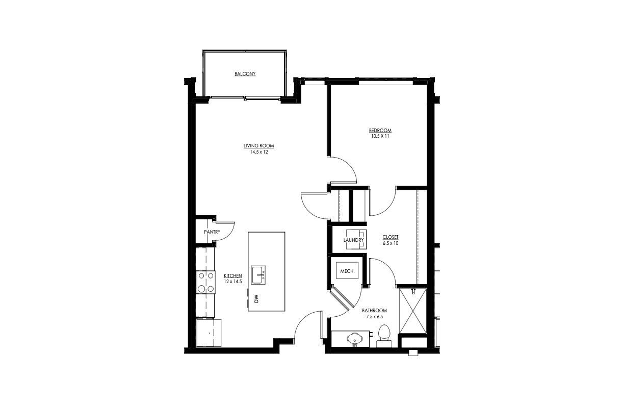 Floor plan of an apartment with a kitchen, living area, bedroom, and bathroom.