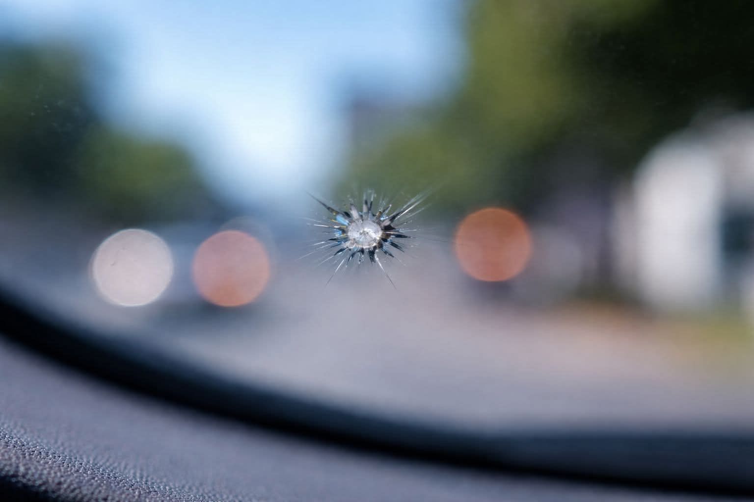 Cracked car windshield with a small impact chip, blurred street and traffic lights in the background