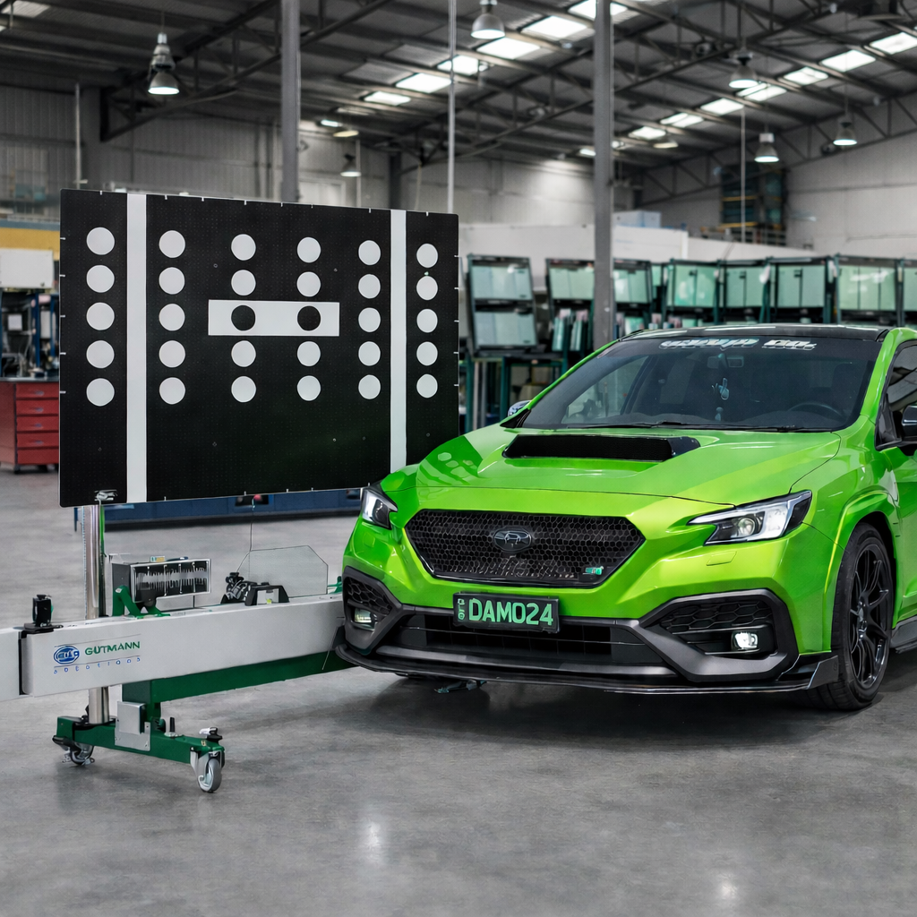 Bright green car in a factory, connected to test equipment beside a large calibration panel.