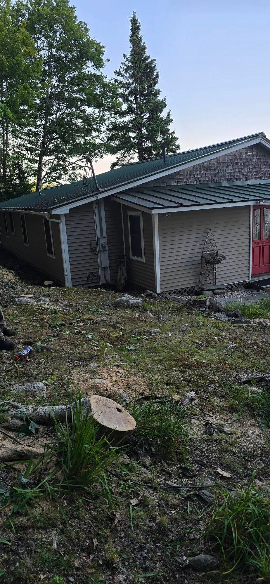 House with green roof and red door on a grassy, unkempt lot. Trees in background.
