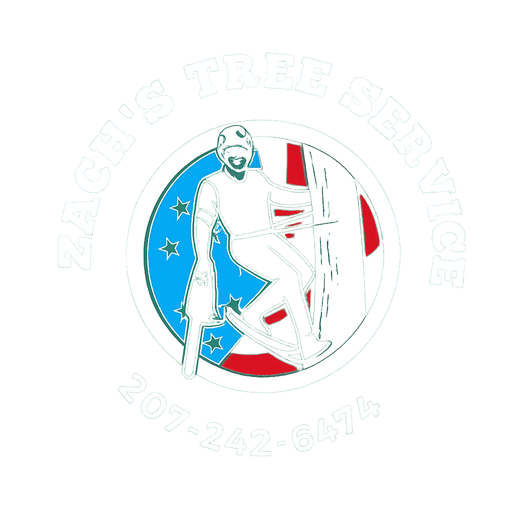 Logo for “Roger’s Tree Service”: A tree worker climbing a tree with an American flag background and phone number.