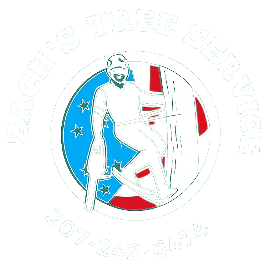 Logo for “Roger’s Tree Service”: A tree worker climbing a tree with an American flag background and phone number.