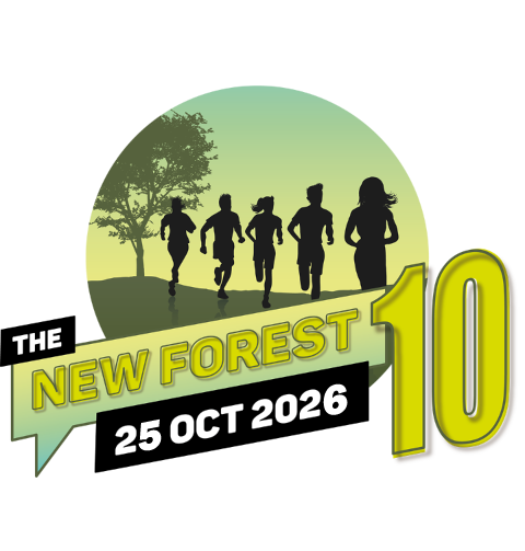 Logo: Runners silhouetted against a forest background, 