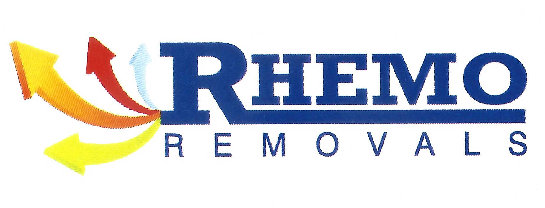 a logo for rhemo removals with two arrows pointing in opposite directions