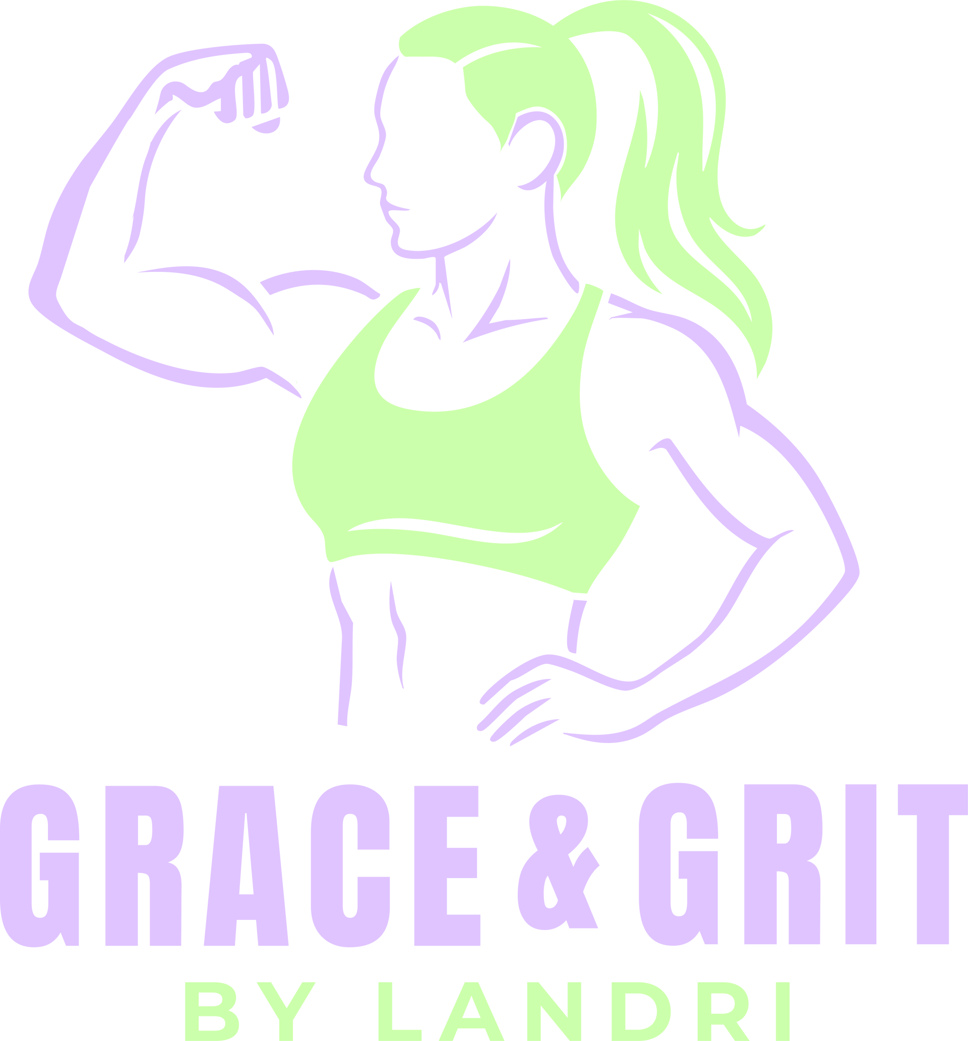 Woman flexing bicep, green top and hair, lavender outline, 