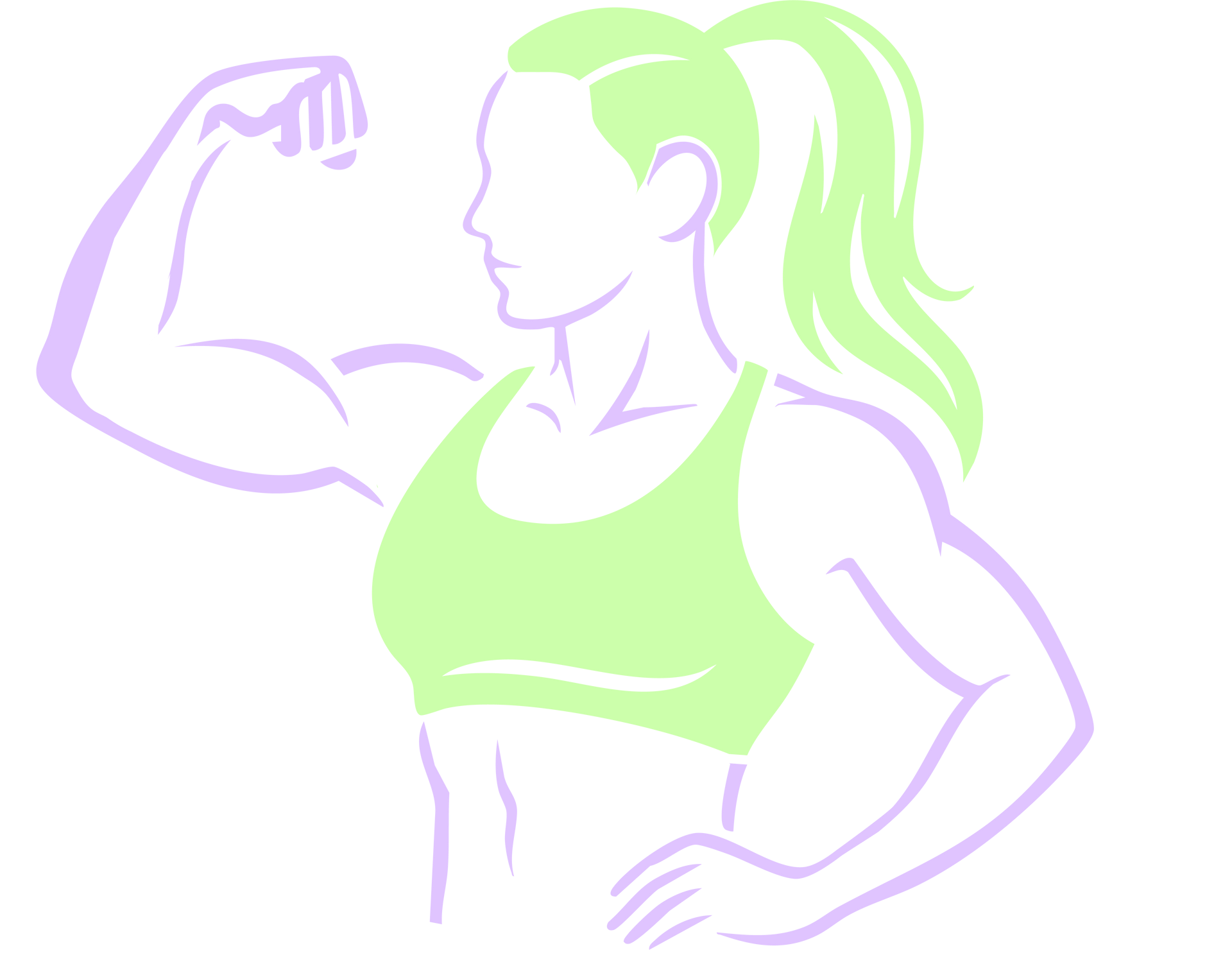Woman flexing arm, wearing sports bra, with ponytail; green and lavender outline.