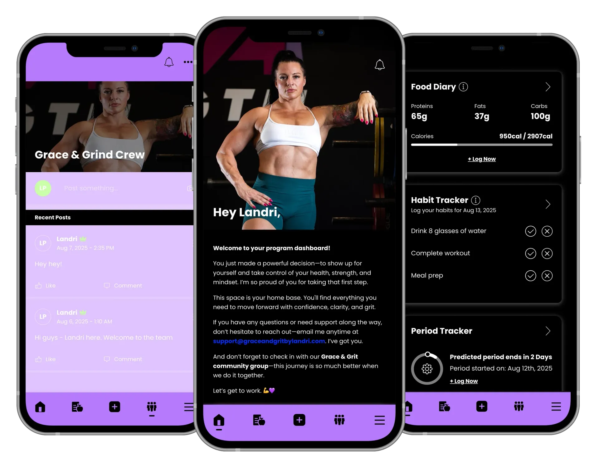 Three mobile phones showcasing a fitness app: a woman, workouts, and nutrition tracking.