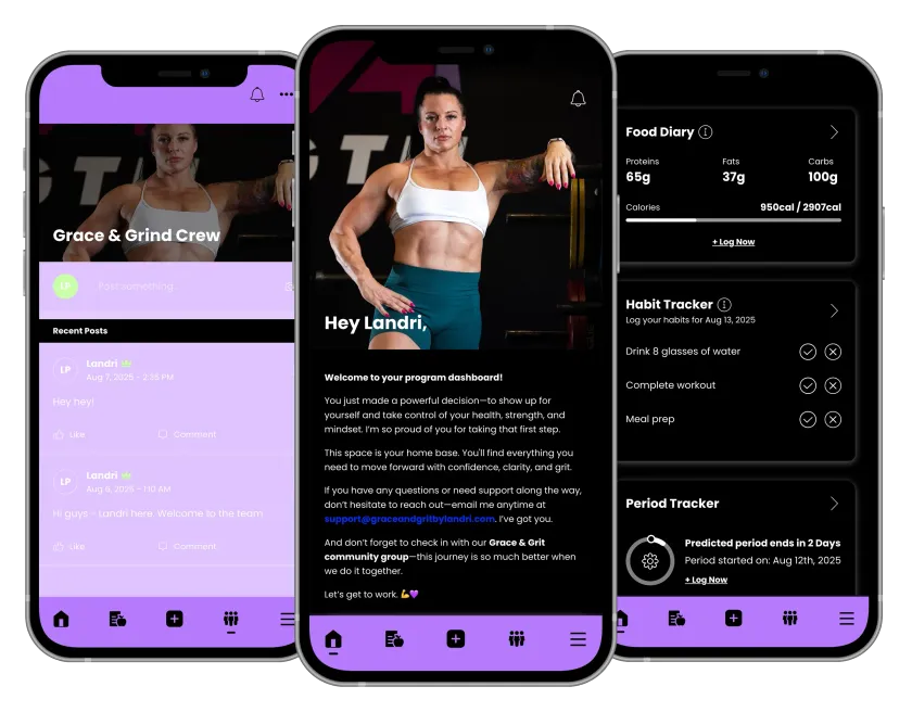 Three mobile phones showcasing a fitness app: a woman, workouts, and nutrition tracking.