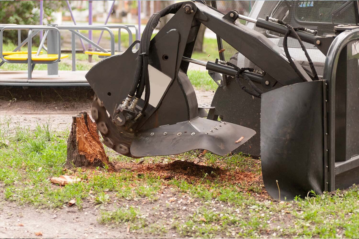 A machine is digging a hole in the ground next to a tree stump.