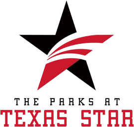 Texas Star logo with black star and red swoosh, text reading &ldquo;THE PARKS AT TEXAS STAR&rdquo;