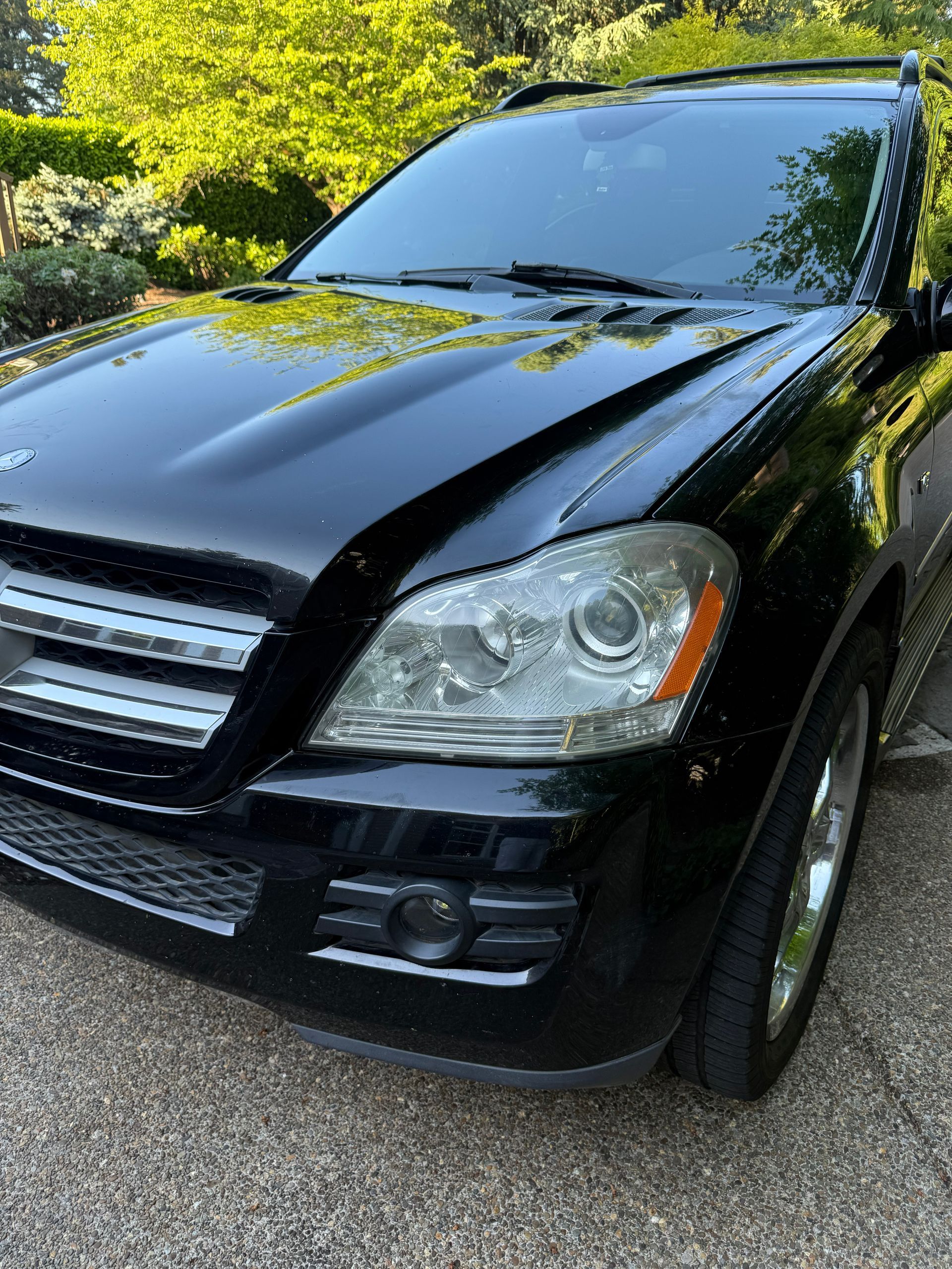 Black SUV parked on a street beside green trees, front view with chrome grille.