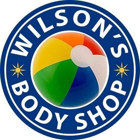 Wilson&rsquo;s Body Shop logo with a multicolored circular emblem on a blue background