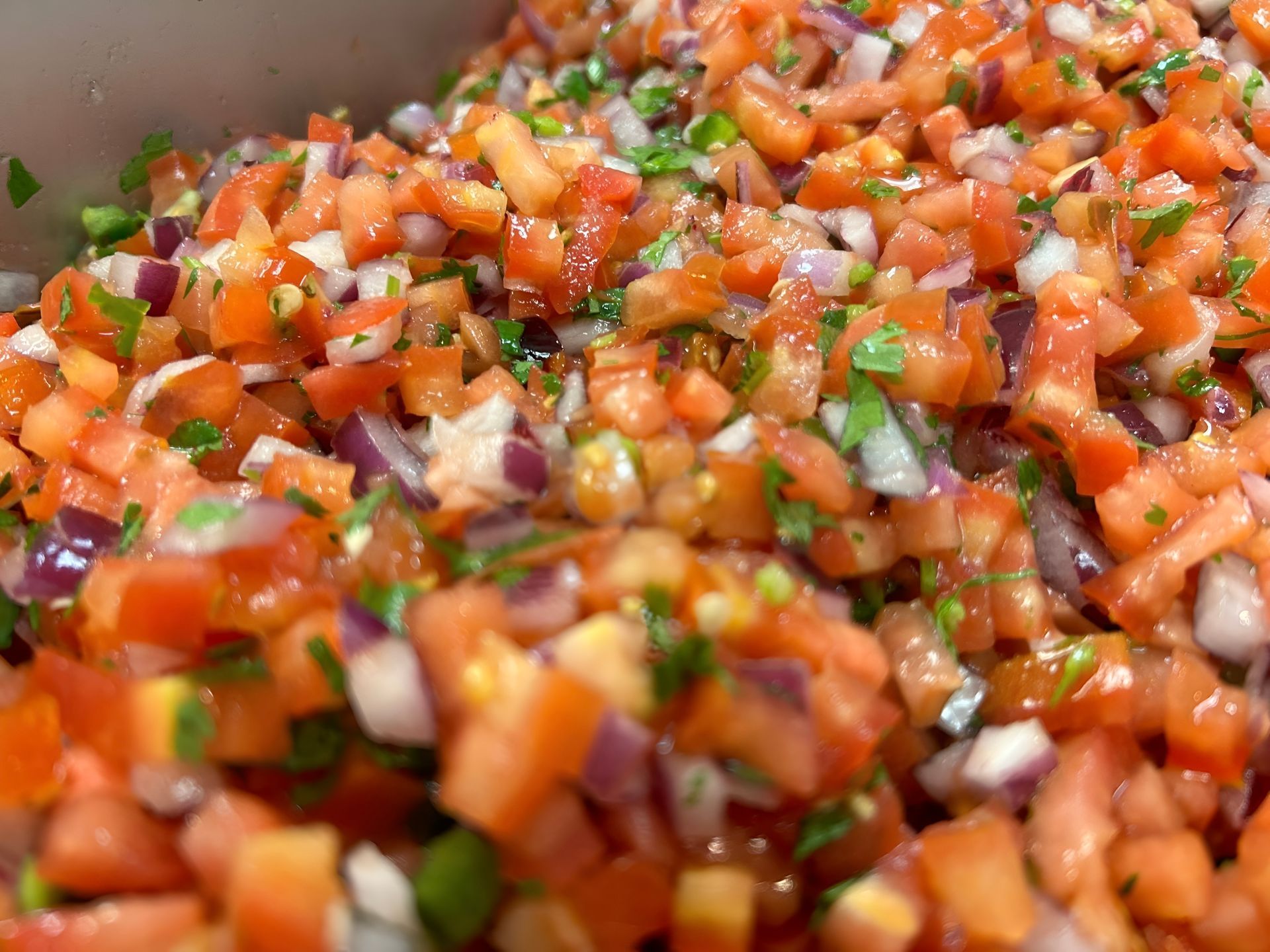 Close-up of freshly diced salsa with tomatoes, red onion, cilantro, and possibly jalapeños.