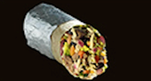 Burrito wrapped in foil; filling of meat and vegetables visible.