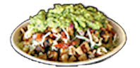 A bowl filled with a variety of ingredients, including guacamole, shredded cheese, and diced components.