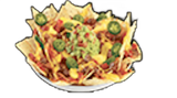 Nachos loaded with cheese, guacamole, and jalapeรฑos in a white bowl.