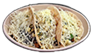 Two tacos topped with shredded cheese on a light-colored plate, set against a dark background.
