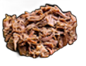 Shredded, cooked meat, brown and tan, piled on a dark background.