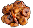 Pile of cooked shrimp, browned with some tails visible, against a black background.