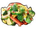 Stir-fried vegetables: broccoli, peppers, zucchini, carrots, and onions in a black bowl.