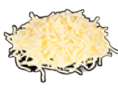 Shredded cheese, yellow-white, on a dark surface.