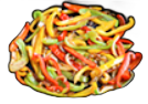 Sliced, sauteed bell peppers; red, green, and yellow, in a black pan.