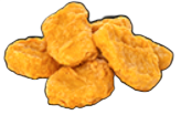 Pile of golden-brown chicken nuggets, on a dark background.