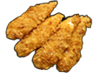 Crispy golden-brown chicken tenders on a black surface.