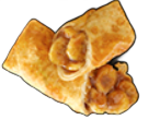Two golden-brown egg rolls filled with a visible, brown, fruit filling, against a black background.