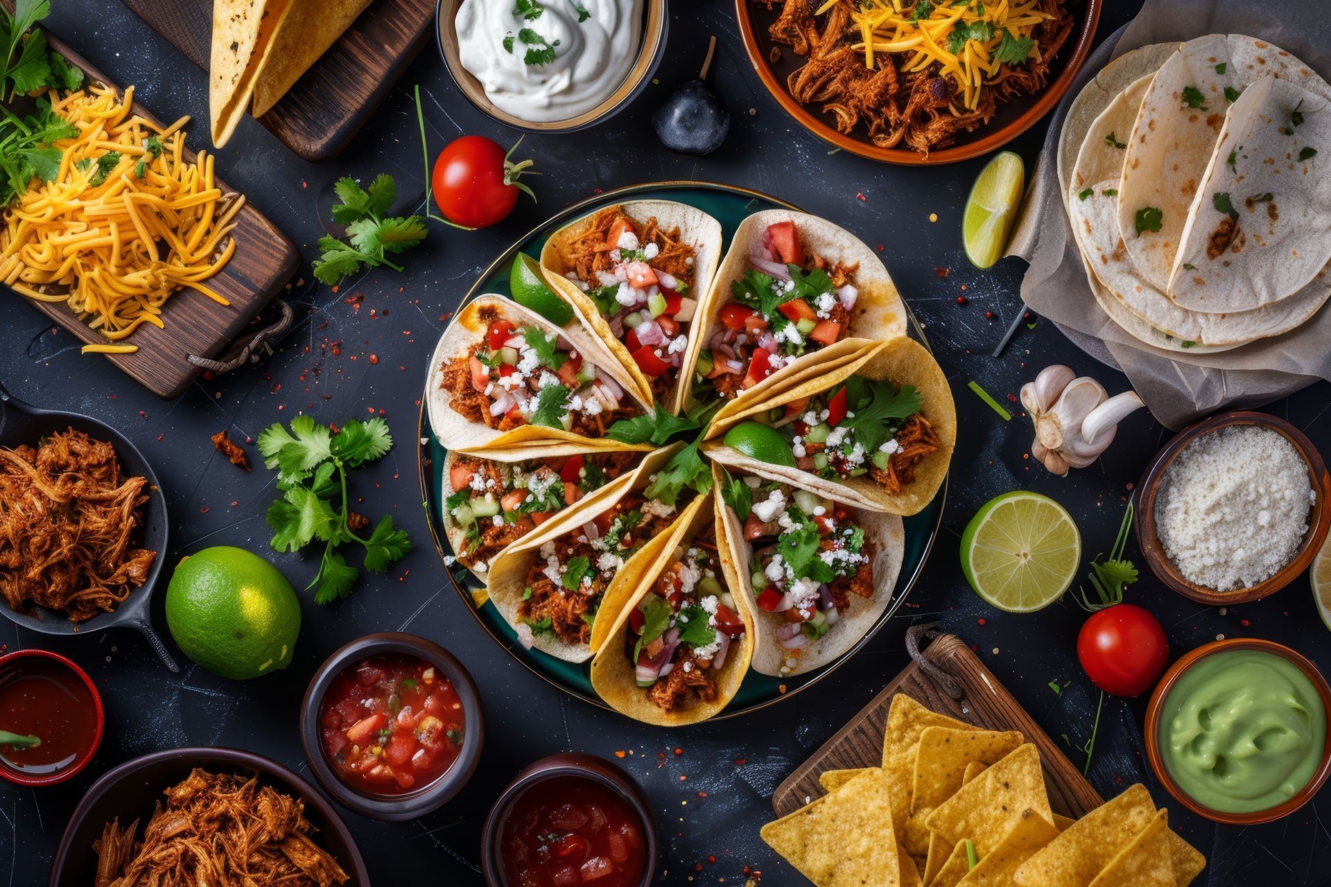 Tacos on a plate surrounded by ingredients: tortillas, meat, salsa, cheese, lime, and chips.