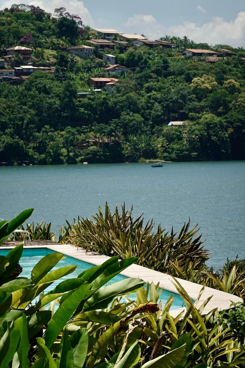 Encosta exuberante com vista para um lago azul tranquilo, com plantas verdes em primeiro plano e um pequeno barco na água.