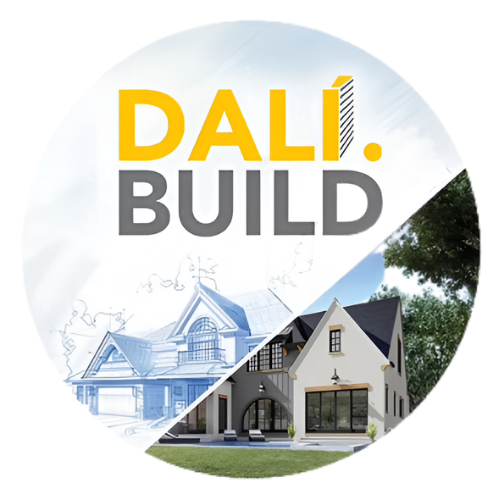 DALI BUILD logo with architectural sketch and completed home image, over a gray and yellow circular background.