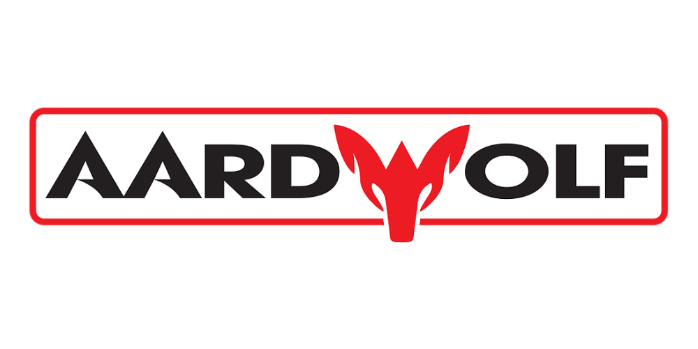 Aardwolf logo: Black text in a red rectangle with a red wolf head.