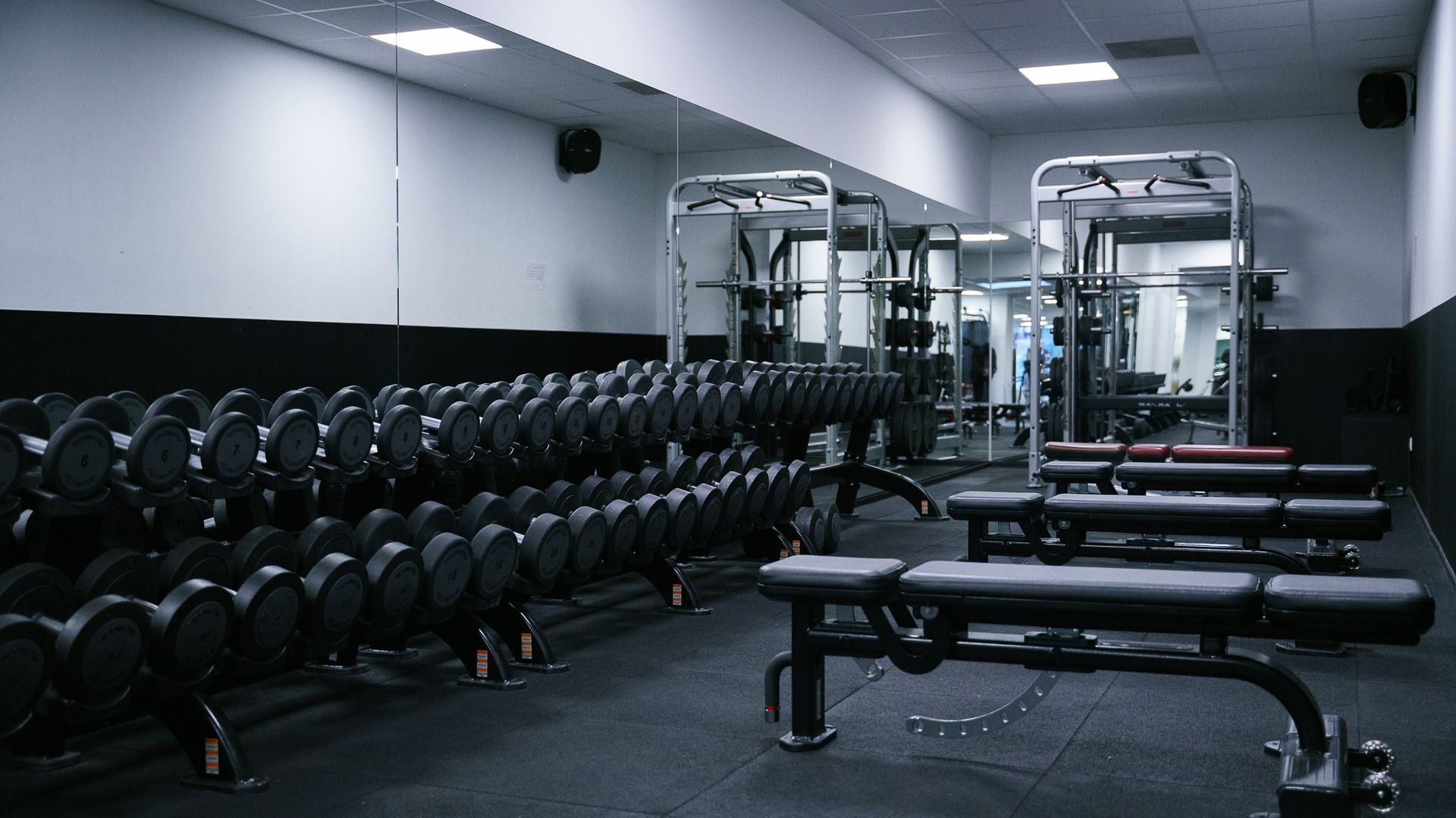 Een sportschool met veel dumbbells en bankjes.