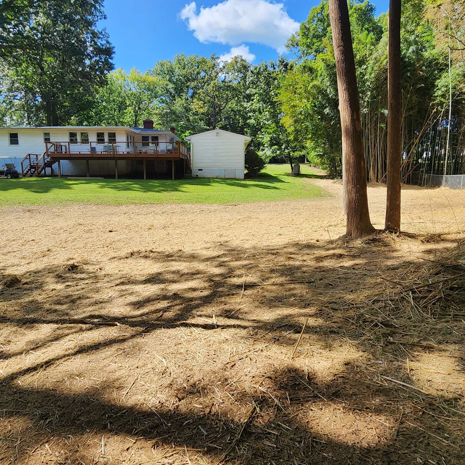 A house is sitting in the middle of a field surrounded by trees.