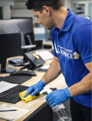 Un uomo con la camicia blu e i guanti pulisce la scrivania in ufficio.