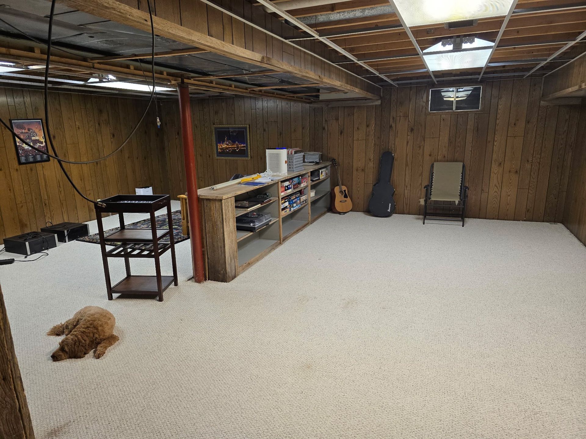 Basement room with beige carpet, wood paneling, a dog, and music equipment.