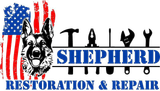 Logo: German Shepherd, tools, American flag, "SHEPHERD RESTORATION & REPAIR" text.