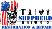 Logo: German Shepherd, tools, American flag, "SHEPHERD RESTORATION & REPAIR" text.