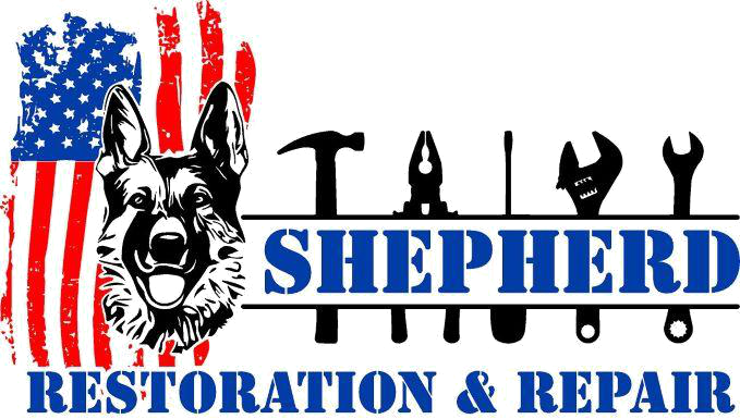 Logo: German Shepherd, tools, American flag, "SHEPHERD RESTORATION & REPAIR" text.